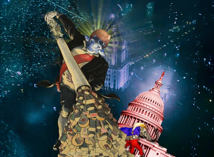 A skeletal figure in a tailcoat and sash with Trump's hair is shoving a bunch of animals into a tube, and out of the other end pours a stream of assorted rubbish. The rubbish has partially buried a tilted, red-tinged capital building. From out of the rubbish emerges an elephant in Republican mascot livery with Trump hair. The background is a foggy nighttime skyline of a big city, twinkling with lights.