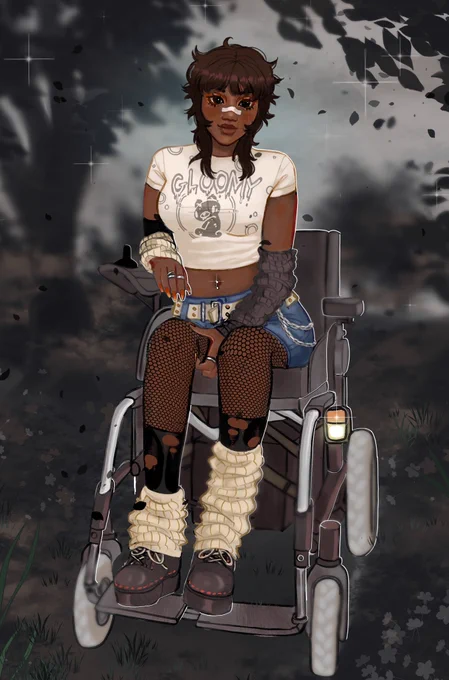 An image of a dark-skinned woman in a grey motorized foldable wheelchair. She has dark black hair in the style of a short “wolf-cut”, she has dark brown eyes and a eggshell white bandage covering across her nose. The same color tight shirt, with a grey text “gloomy” on the front, in the “gloomy bear” font. She has a belly piercing, as well as multiple silver rings along her fingers. She is wearing a denim mini skirt with a chain on the side. She has a beige-white belt on. She is wearing ripped black fish-net tights, with eggshell white leg-warmers on, her shoes are black/grey dock martens. The wheels of her chair are a lighter grey than the rest. The background is a scene of an overcast day in a field, everything is muted and foggy. There are some blurry trees in the background, and some dark leaves in the air.