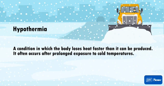 Illustration of a snow plow plowing snow while it is snowing and it says "Hypothermia A condition in which the body loses heat faster than it can be produced. It often occurs after prolonged exposure to cold temperatures."