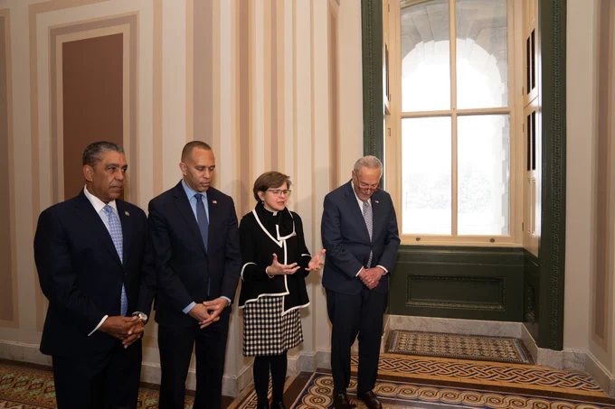 Leader Schumer, Leader Jeffries, Representative Espaillat, and House Chaplain Margaret Grun Kibben hold a moment of prayer on the four year anniversary of the January 6 insurrection, January 6, 2025.