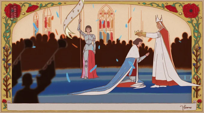 An animated scene of the Coronation of Charles VII, with Joan of Arc standing alongside holding an unfurled banner. 