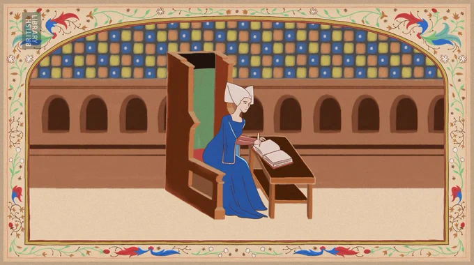 An animated scene of Christine de Pizan writing at her desk. 