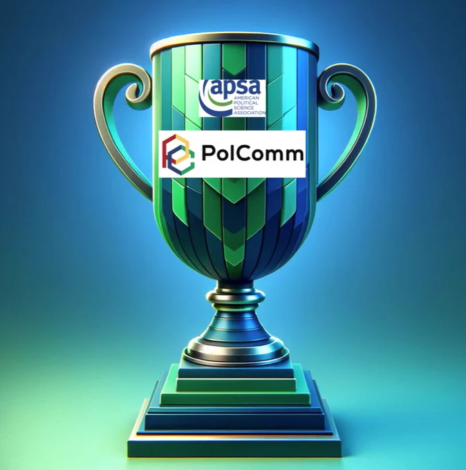Image of a trophy in shimmering in the colors of the APSA logo, featuring said APSA logo above the logo of APSA and ICA's PolComm Divisions.