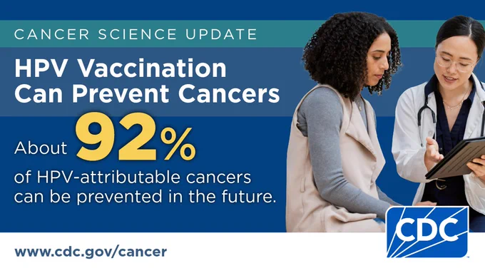 A healthcare professional reviewing a digital tablet, with a patient, text stating 'Cancer Science Update: HPV Vaccination Can Prevent Cancers' and 'About 92% of HPV-attributable cancers can be prevented in the future.' CDC logo and website link www.cdc.gov/cancer displayed.