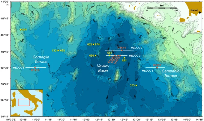 Location map of IODP Expedition 402 sites (red) and sites previously drilled during DSDP Leg 42, ODP Leg 107
and ODP Leg 161 (yellow).