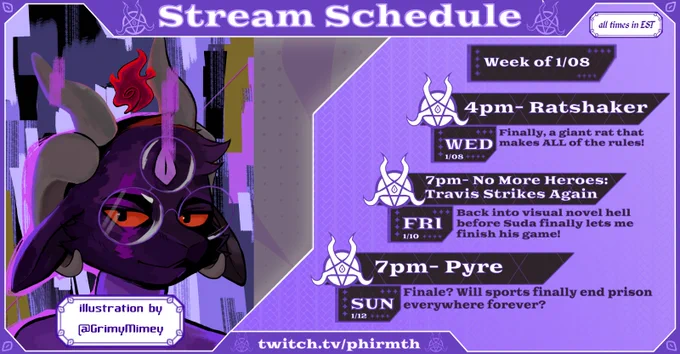 Stream Schedule, week of 1/08 (All times in EST)

WED 1/08 - 4pm: Ratshaker
FRI 1/10 - 7pm: Travis Strikes Again: No More Heroes
SUN 1/12 - 7pm: Pyre (possible finale)