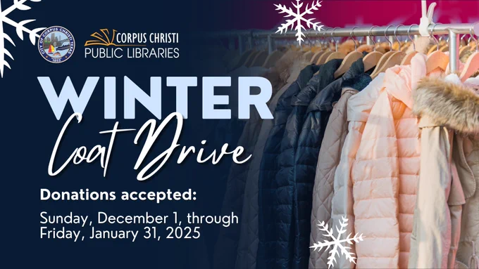 Image of coats with text that reads Winter Coat Drive. Donations accepted Sunday, December 1, 2024, through Friday, January 31, 2025.