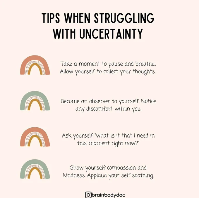 An image featuring self-care tips for dealing with uncertainty, including pausing to breathe and observing personal needs, illustrated with three colorful arches, credited to @brainbodydoc.
