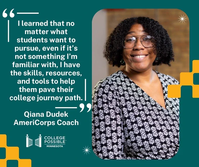 Qiana Dudek, smiling AmeriCorps Coach for College Possible Minnesota, stands confidently in a floral blouse. The image includes a quote about empowering students to learn, research, and use tools to help themselves, surrounded by a decorative frame with star elements.
