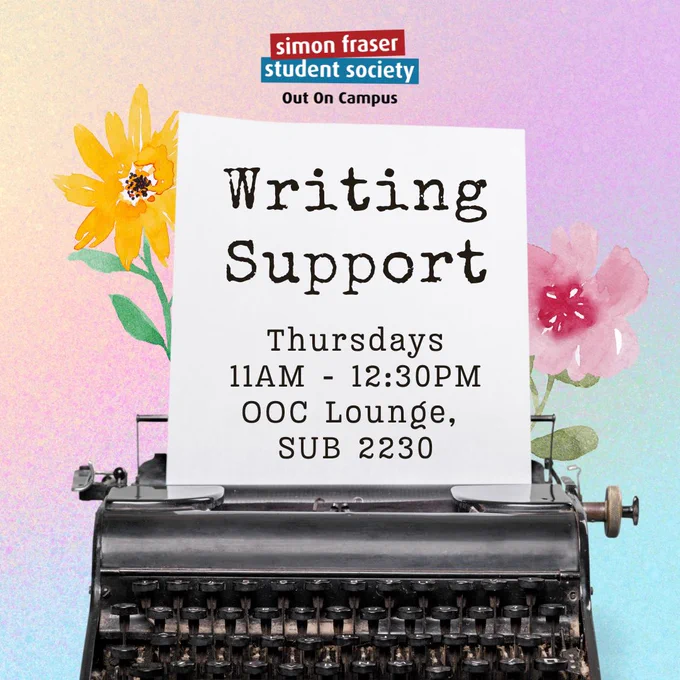 a typewriter surrounded by flowers, with text: "Writing Support: Thursdays, 11AM - 12:30PM, OOC Lounge, SUB 2230"