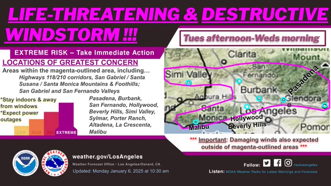 A Life Threatening and destructive windstorm is expected Tuesday Afternoon through Wednesday morning for much of Ventura and Los Angeles Counties. The areas of greatest concern include: 
Highways 118/210 corridors, the San Gabriel, Santa Susana, and Santa Monica Mountains & Foothills, the San Gabriel and San Fernando Valleys,. As well as the following cities: Pasadena, Burbank, 
San Fernando, Hollywood, Beverly Hills, Simi Valley, Sylmar, Porter Ranch, Altadena, La Crescenta, and Malibu.

