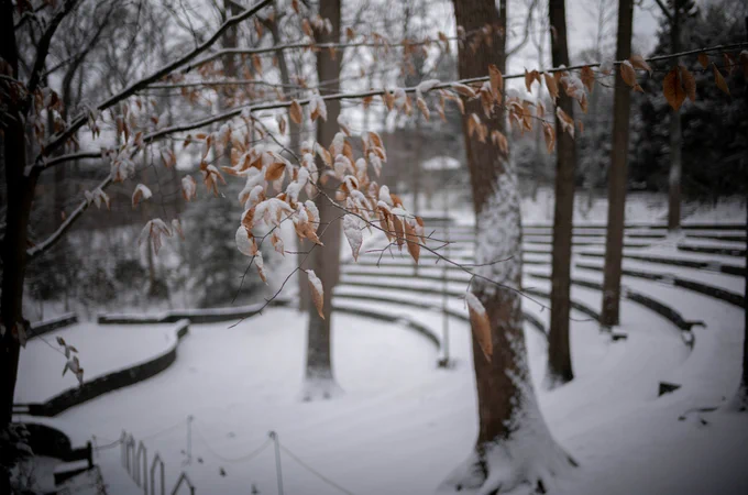 The Scott Outdoor Amphitheater covered in a blanket of snow.