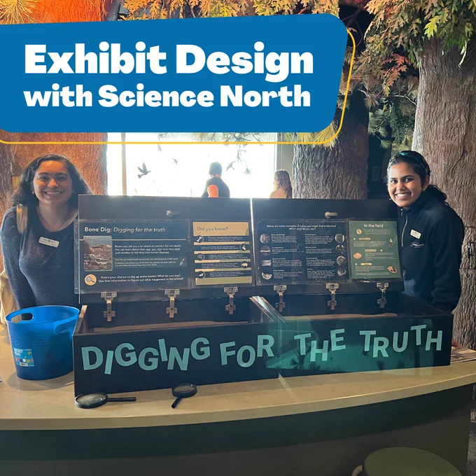 Mitaali and Aishwarya smile as they stand on either end of their exhibit. It is a long box filled with sand and bones, with the title “digging for the truth” below sole instructional signs. 