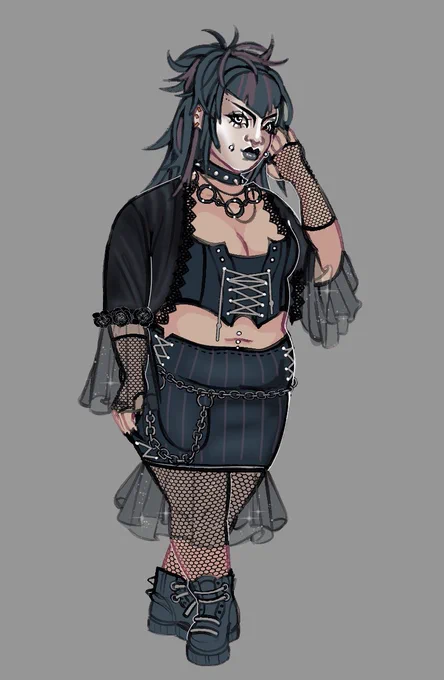 The imagine contains a full-body illustration of Sproutwiki’s Original Character Zakira, with an updated look.

She has her long black hair with red dyed tips partially tied up, with her fringe bangs cut in a “V” shape. She has white and black “goth” makeup on her face, and silver piercings in her cheeks, as well as three gold piercings in her left ear. 

She is wearing a black crop top corset with a grey string to tie it up on the front. She has a spiked collar, and another black necklace on her neck, that has three large hoops.

She has a bellybutton piercing, and a black miniskirt with light red pinstripes, and gray ribbons along the side in a zigzag pattern. She has a grey chain hooked around her waist, and dangling from her left him.

She has an open shirt over her corset with black lace trip, and long, see-through flowing sleeves. She has fishnet gloves and tights, and black combat boots.