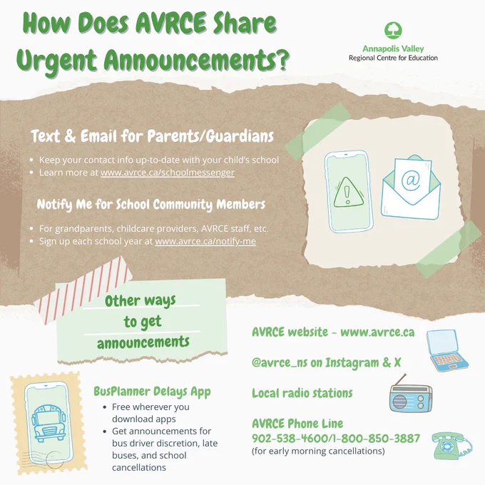An infographic describing different ways AVRCE shares urgent announcements, including text, email, www.avrce.ca, @avrce_ns on Instagram and X, local radio stations, AVRCE phone line (for early morning cancellations), and the BusPlanner Delays app. 