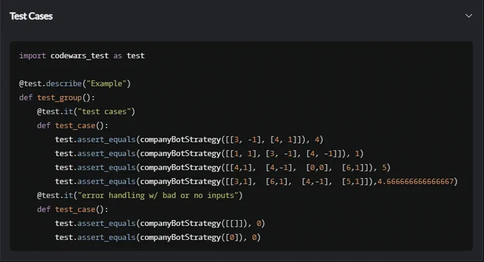 Screenshot of test cases for a Codewars translation to Python