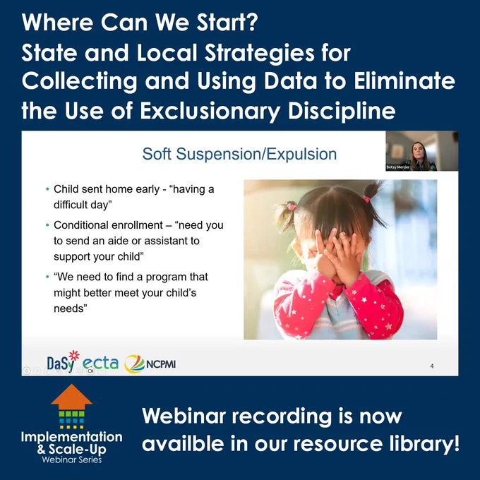 Where Can We Start?
State and Local Strategies for Collecting and Using Data to Eliminate
the Use of Exclusionary Discipline

Screen shot of one of the webinar slides titled Soft Suspension/Expulsion

Implementation & Scale-Up Webinar Series Logo

Webinar recording is now available in our resource library!