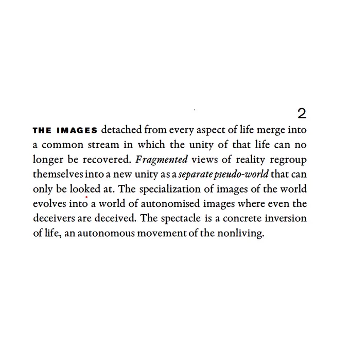 A paragraph from Guy Debord’s Society of the Spectacle, shown in digital form.