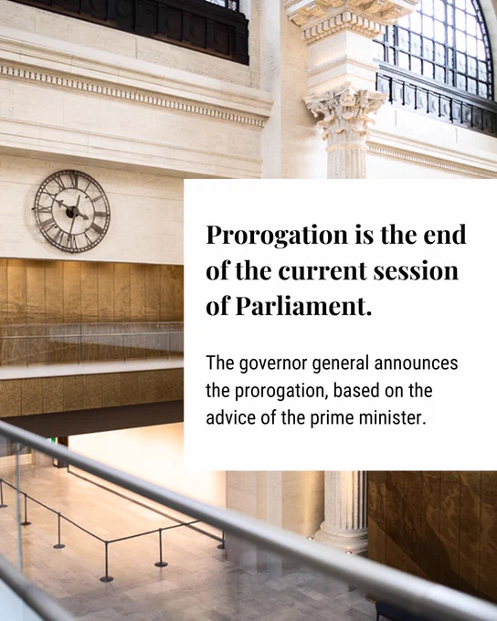 Prorogation is the end of the current session of Parliament.  

The governor general announces the prorogation, based on the advice of the prime minister.