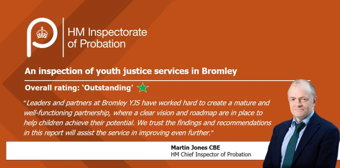Quote from HM Chief Inspector of Probation, Martin Jones reads: 
 “Leaders and partners at Bromley YJS have worked hard to create a mature and well-functioning partnership, where a clear vision and roadmap are in place to help children achieve their potential. We trust the findings and recommendations in this report will assist the service in improving even further.” 