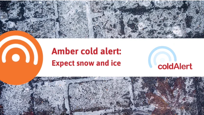 Icy pavement. Text reads: Amber cold alert - Expect snow and ice.