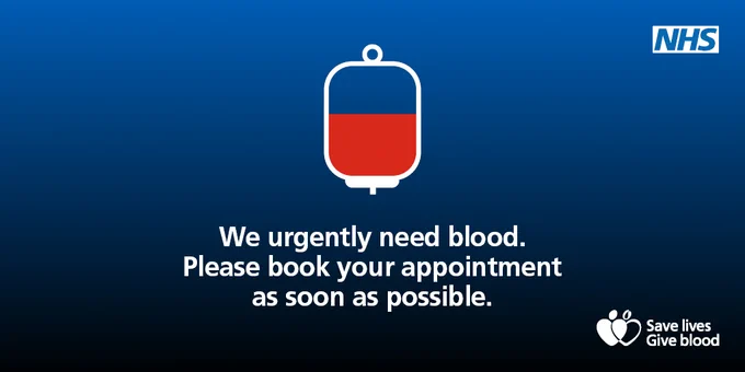 Image shows an icon of a half filled blood bag with the text We urgently need blood. Please book your appointment as soon as possible.