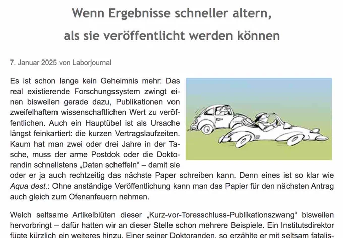 Comiczeichnung eines Sportcabrios mit Fahrer, das einen VW-Käfer rechts überholt. Darüber die Überschrift "Wenn Ergebnisse schneller altern, als sie veröffentlicht werden können" des im Post verlinkten Artikels. Links von dem Bild sowie darunter die ersten Sätze des Texts.