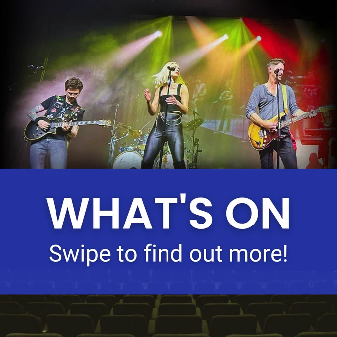 Text reads: "What's on swipe to find out more!" Image of a vibrant stage performance featuring the band "Rock for Heroes." The musicians are energetically playing their instruments, creating a lively atmosphere, with colourful lights illuminating the scene.

