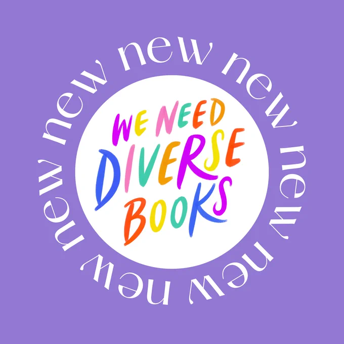 A light purple graphic displaying a circular logo for We Need Diverse Books. The logo shows the words “We Need Diverse Books” in a handwritten font, with each letter written in a different color. The colors included are purple, yellow, pink, turquoise, red, orange, and dark blue. The logo is displayed against a white background. Surrounding the circular border of the logo is white text that says “new” over and over again, forming its own circle around the logo
