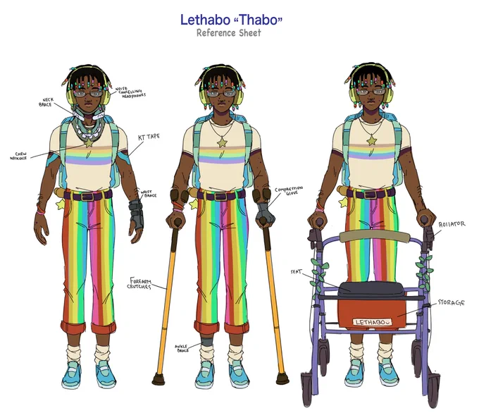 An image of a nonbinary black person standing 3 different times. He has short locs with rainbow beads, glasses, and some moles covering their face. They have yellow noise cancelling headphones, and a yellow star chew necklace. They have an off-white t-shirt with rainbow stripes across the breast part. He is wearing a light blue backpack with some charms hanging off the bottom. In the first image, he is wearing a neck brace and wrist brace, with KT tape for shoulder support. He has rainbow vertical striped high-waisted pants, and blue sneakers. The second image he has mustard yellow forearm crutches and does not have the braces on, instead have a compression glove and compression ankle brace. In the third image he has a rollator that is decorated with fake leaves. It is navy blue and black, with a red bag underneath. End text