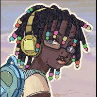 An image of a black man, he is skinny and dark-skinned. He has short locs with rainbow beads at the bottom. He has glasses and dark brown eyes
