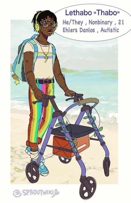 An image of a black man, he is skinny and dark-skinned. He has short locs with rainbow beads at the bottom. He has glasses and dark brown eyes. He is wearing a white shirt with a faded rainbow across the chest, and a blue backpack. His pants are high waisted with a brown belt and have a rainbow pattern vertically. He has slouchy off-white socks and blue sneakers. He is using a navy blue rollator, with a red bag underneath. He has decorated it with green fake leaves. On the top right of the screen, text says, Lethabo “thabo”. He/they, nonbinary, 21. Ehlers danlos , autistic. End text.