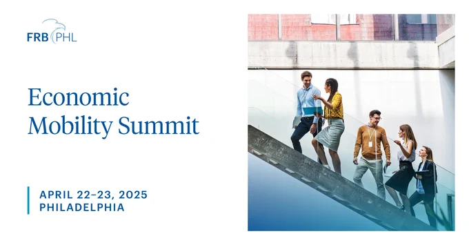 Promotional image for the Economic Mobility Summit held by the Federal Reserve Bank of Philadelphia, showing four individuals walking energetically outside a modern building, set for April 22-23, 2025 in Philadelphia.
