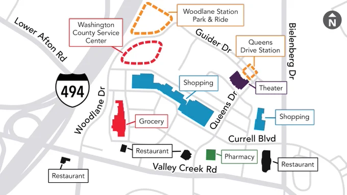 A map featuring the Woodlane Station Park and Ride and the amenities around it.