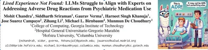 Caption: (Left) Screenshot of the paper title and author information. (Right) An image with a Llama and human doctor examining a patient for adverse drug reaction. The Llama doctor suspects that the patient is suffering from ADR, whereas human doctor suspects that it is not an ADR.