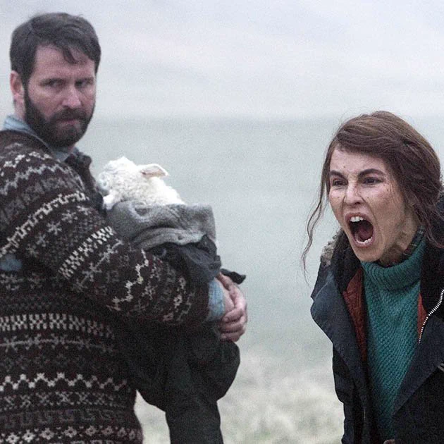 On the right, a still from the 2021 film LAMB. The man to the left holds  a little white lamb in a jacket while his partner (Noomi Rapace) screams in anger at someone off-camera.