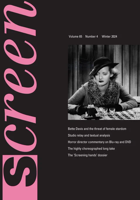 On the left, the cover of the Winter 2024 issue of Screen Journal, black background, pink script print, featuring a film still of Bette Davis from a 1930s or '40s movie.