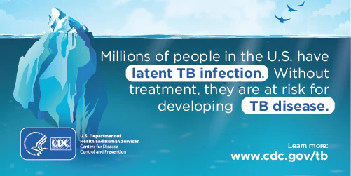 An image of an iceberg. Millions of people in the U.S have latent TB infection. Without treatment, they are at risk for developing TB disease.