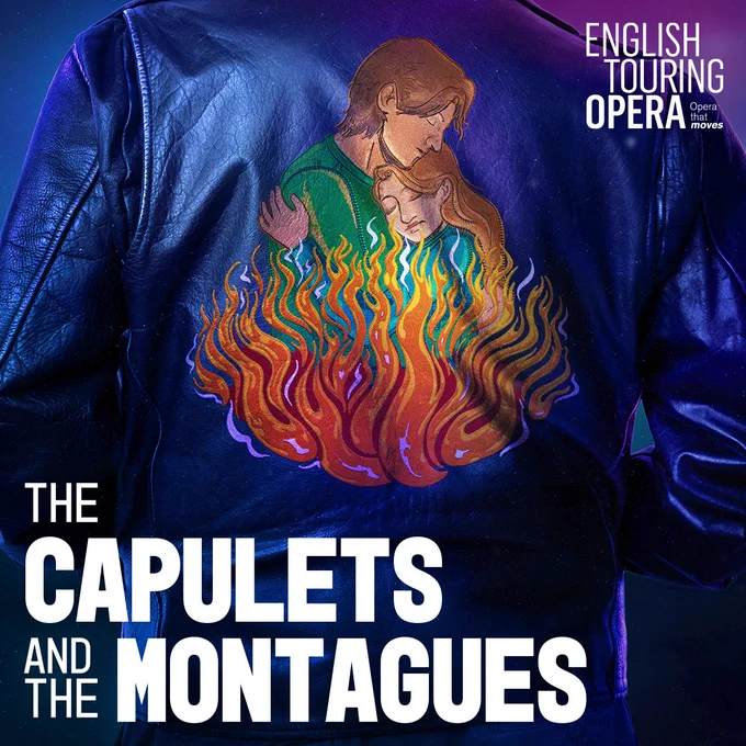 A picture of two lovers engulfed in fire is embroidered on the back of a leather jacket. White text reads: English Touring Opera. Opera that moves. The Capulets and the Montagues.