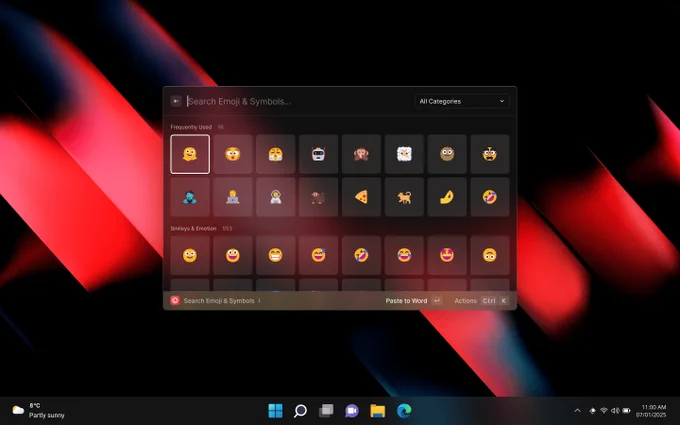 Screenshot of Raycast for Windows showing the Emoji Picker