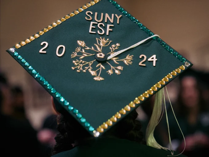 A close-up view of a graduation cap with "SUNY ESF 2024" and a decorative branch emblem embellished with golden rhinestones.