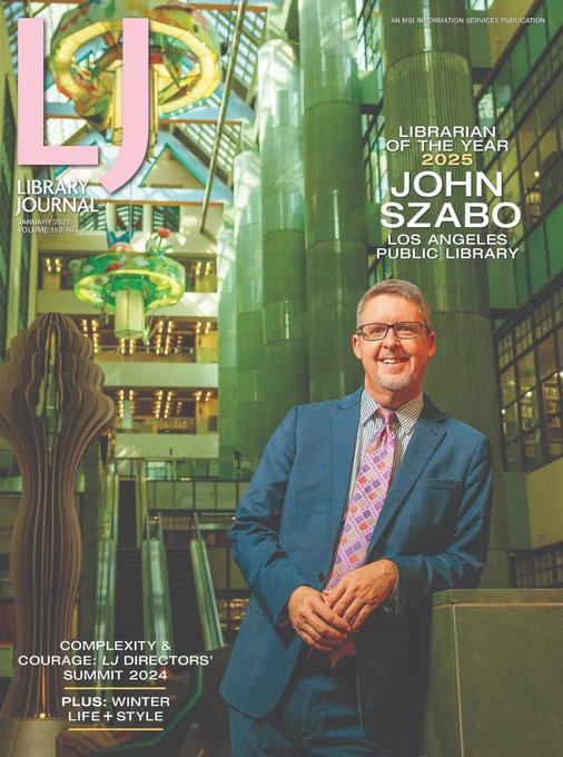 Library Journal cover featuring City Librarian John F. Szabo standing in the Atrium of the Los Angeles Public Library’s Central Library location. Photo by Corey Kennedy.