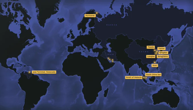 Map showing cities involved in shipping sanctioned Iranian oil. Reuters.