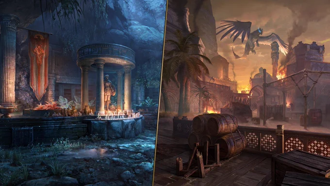The image reveals two unknown and unfamiliar locations: one shows darkened ruins, and in the other a gryphon with glowing eyes hovers above a city engulfed in flames.