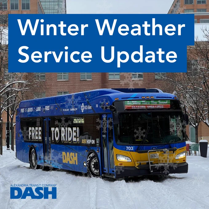 A photo of a DASH bus in the snow with a headline that reads "Winter Weather Service Update"