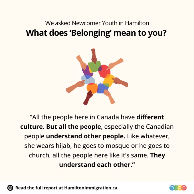 Post features a testimonial from a newcomer youth. Graphic image of people with speech bubbles featured in the middle of the post. HIPC logo located bottom right.