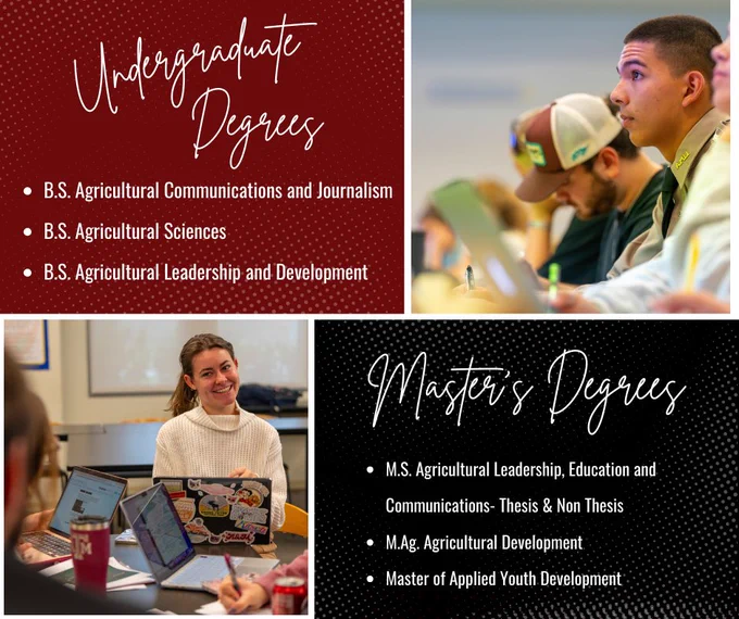 Collage of university students in different settings. Top image shows a student attentively listening in a lecture room. Bottom left image features a student smiling at a laptop in a classroom. Bottom right text lists Master's degree programs like M.S. Agricultural Leadership, Education and Communications, and Master of Applied Youth Development.