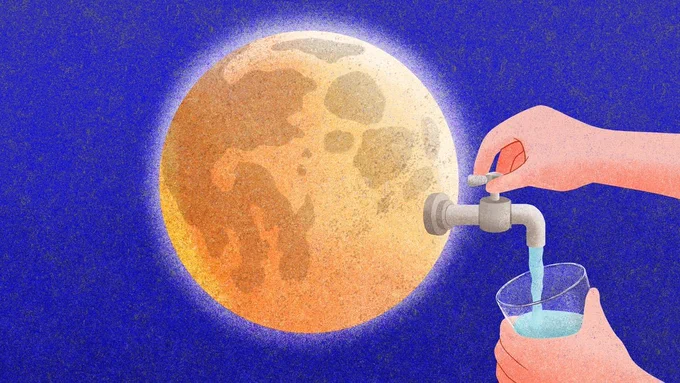 Cartoon of water coming from tap on Moon.