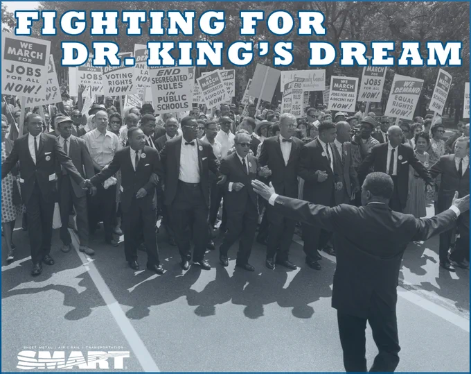 An image of Martin Luther King and fellow Civil Rights leaders marching to the Lincoln Memoria, with text that reads "Fighting for Dr. King's Dream" and a SMART logo. Image credit: National Archives at College Park, Public domain, via Wikimedia Commons