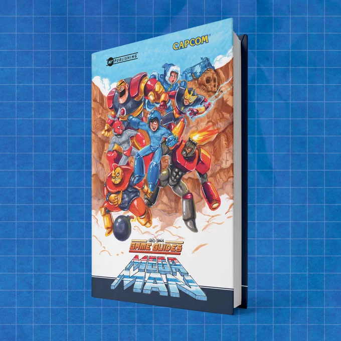 The cover art for the new book "Hand-Drawn Game Guides: Mega Man" set on a blueprint background.